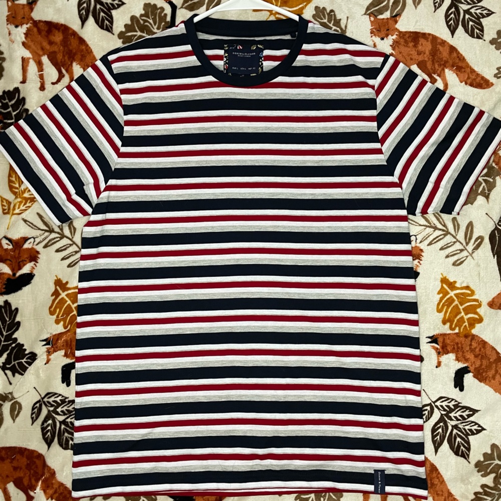 Denim & Flower Striped T-shirt {Size Large}